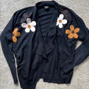 Black Knit Cardigan with Floral Accents